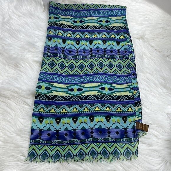 COPPER KEY Scarf Shawl Body Wrap 72" x 20 1/2" Fringe Blue Yellow - Picture 3 of 5